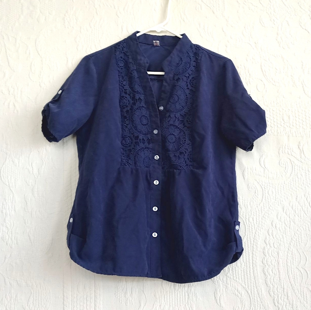 Order Plus Navy Blue Button-Up Tunic Blouse Crochet Panel Boho Lace Western XL